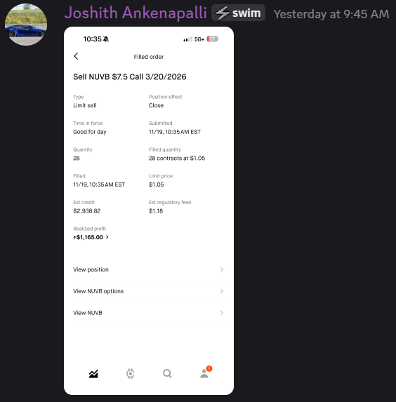 Member trading result showing NUVB options trade with profit